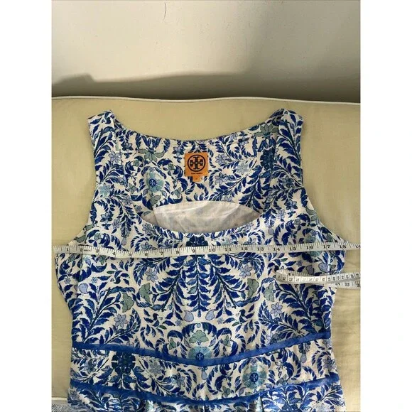 Tory Burch Ramona Fit & Flare Dress Floral Blue Silk Blend celeb Runway 12 $450 - Picture 12 of 16